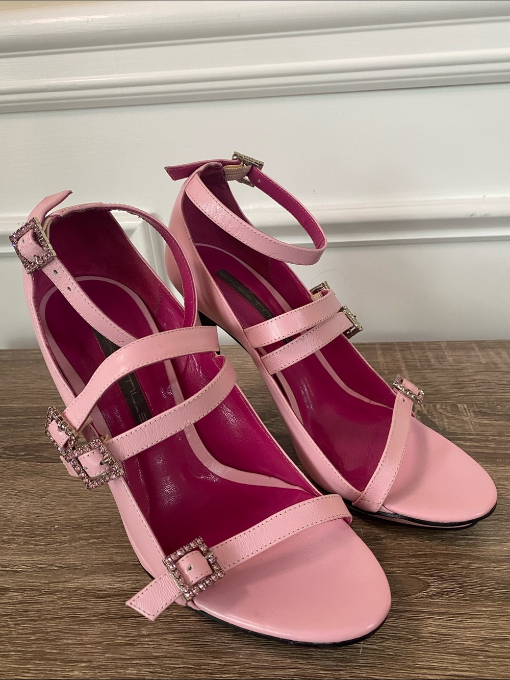 Studio TMLS Pink Multi-Strap Rhinestone Buckle Heels